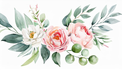 Watercolor floral illustration bouquet set - green leaves, pink peach blush white flowers branches. Wedding invitations, greetings, wallpapers, fashion, prints. Eucalyptus, olive, peony, rose