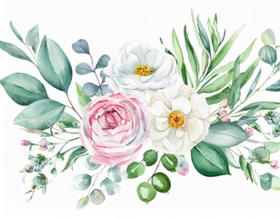 Watercolor floral illustration set - bouquet, frame, border. White flowers, rose, peony, green leaf branches collection. Wedding stationary, wallpapers, fashion. Eucalyptus olive leaves chamomile