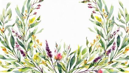 Wild field herbs flowers. Watercolor frame - illustration with green leaves, branches and colorful buds.