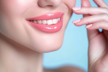 Obraz premium The image shows the female part of the face with beautiful lips, a gentle touch of hands, emphasizing perfect, smooth skin, radiating beauty and well-groomed