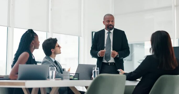 Corporate, meeting and diversity in office with speaker for planning, collaboration and presentation. Company, conference and people in workplace with laptop for strategy, teamwork and review