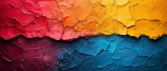 a close up of a multicolored wall with paint peeling off of it's sides and the colors red, yellow, blue, green, and orange.