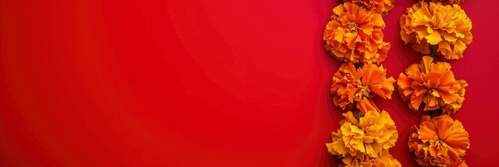 a garland of marigold flowers on a red background