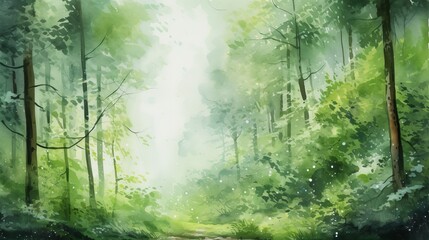 Artistic watercolor strokes forming a lush forest scene