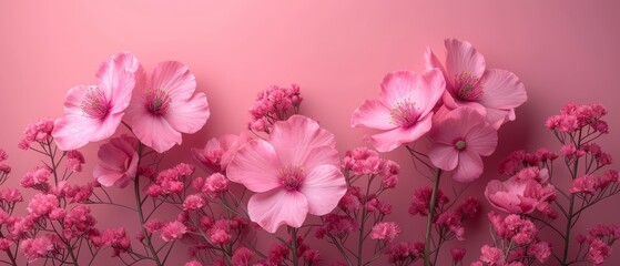 a group of pink flowers on a pink background with a pink wall in the background and a pink wall in the foreground.