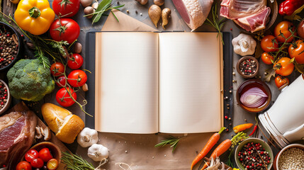 empty cookbook with lunch and dinner ingredients fresh vegetables meat and spices herbs arround for recipe posting