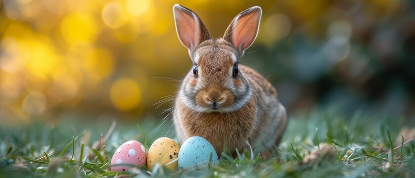 a rabbit is sitting in the grass next to some easter eggs with a yellow boket in the background.