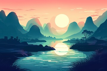 digital artwork portraying a tranquil landscape of towering mountains and meandering rivers enveloped in mist during the serene dawn hours.