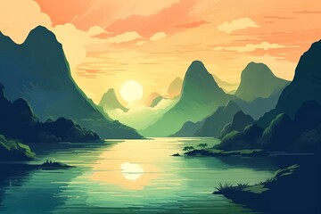 digital artwork portraying a tranquil landscape of towering mountains and meandering rivers enveloped in mist during the serene dawn hours.