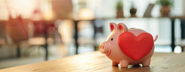 Blurred background and a pink piggy bank with a red heart on a wooden table
