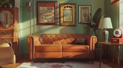 A charming retro living room adorned with vintage travel posters, a tufted chesterfield sofa, and a retro rotary phone on a side table