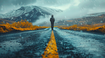 a person seen up close walking on a road in front of a fork. AI generative - obrazy, fototapety, plakaty