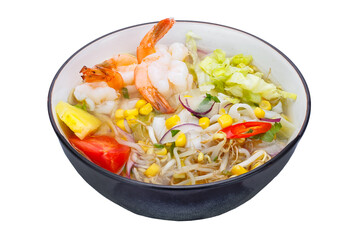 Bowl of rice noodles with shrimp and vegetables. Isolated over white background