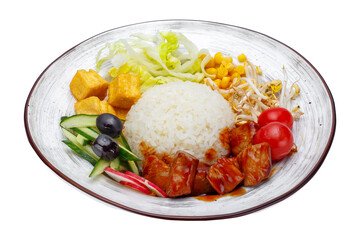 rice with chicken and vegetables on a plate isolated on a white background