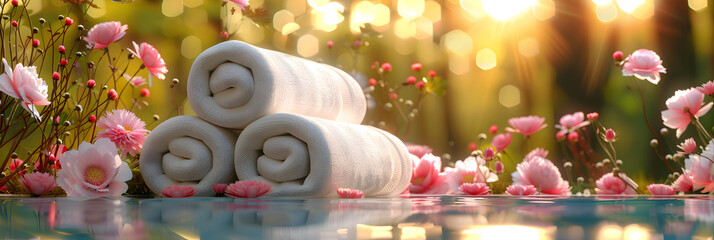Preparation for massage in white with towels stones candles and orchid in garden.Massage Oasis in a...