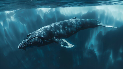 Naklejka premium A bowhead whale gracefully gliding beneath the Arctic ice, the blurred patterns of frozen water creating an ethereal backdrop to its serene journey through the frigid depths
