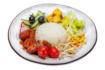 rice with chicken and vegetables on a plate isolated on a white background