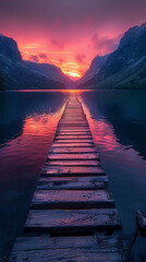 A photo capturing the moment just after sunset over a secluded mountain lake. AI generative - obrazy, fototapety, plakaty
