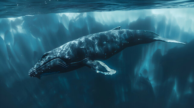 A bowhead whale gracefully gliding beneath the Arctic ice, the blurred patterns of frozen water creating an ethereal backdrop to its serene journey through the frigid depths
