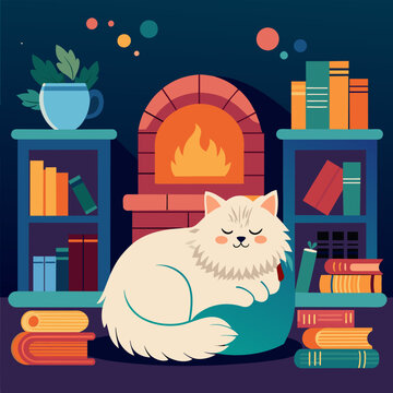 Cozy indoor setting with a fluffy Persian cat curled up lazily by a crackling fireplace, surrounded by stacks of books