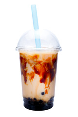 Iced coffee in plastic cup with blue straw isolated on white background