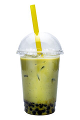Iced matcha latte with straw isolated on white background.