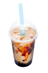 Iced coffee in plastic cup with blue straw isolated on white background