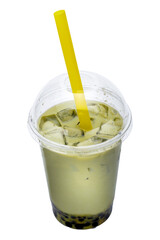 Iced matcha latte with straw isolated on white background.
