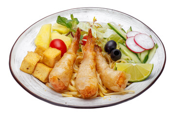 Crispy fried prawns in tempura with vegetables. Isolated over white background