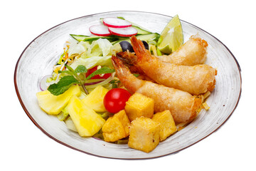 Crispy fried prawns in tempura with vegetables. Isolated over white background