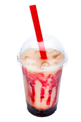 Strawberry milkshake with whipped cream isolated on white background