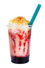 Strawberry milkshake with whipped cream isolated on white background