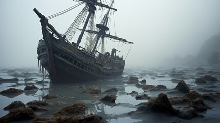 An eerie, haunted shipwreck on a foggy sea