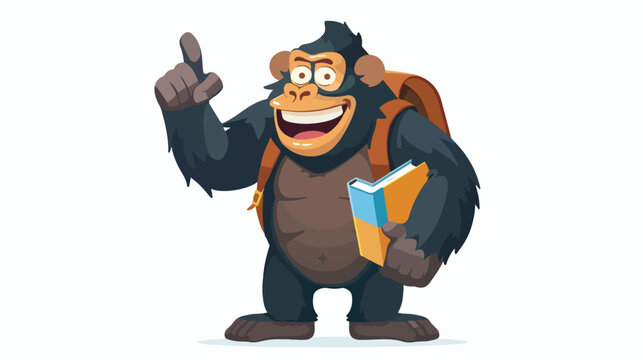 Cartoon happy gorilla with backpack and book pointing