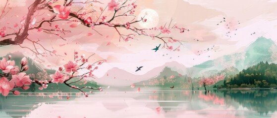 Springtime brings peach flowers, swallows flying, and green mountains and rivers.