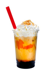 Orange smoothie with whipped cream and whipped cream isolated on white background