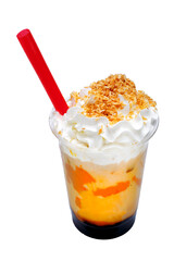 Orange smoothie with whipped cream and whipped cream isolated on white background