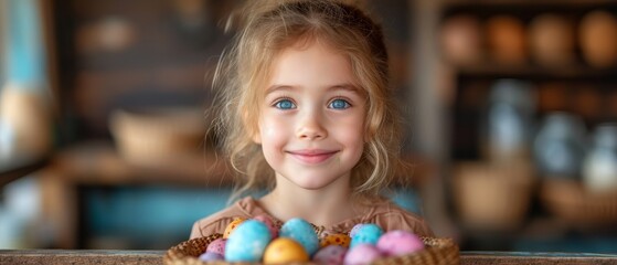 a little girl holding a basket full of colorfully painted eggs in front of a shelf full of other eggs.