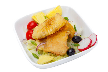 Fried fish with salad in a bowl isolated on a white background
