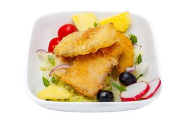 Fried fish with salad in a bowl isolated on a white background