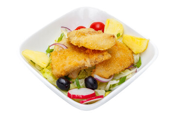 Fried fish with salad in a bowl isolated on a white background