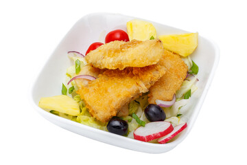 Fried fish with salad in a bowl isolated on a white background