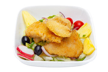 Fried fish with salad in a bowl isolated on a white background