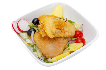 Fried fish with salad in a bowl isolated on a white background