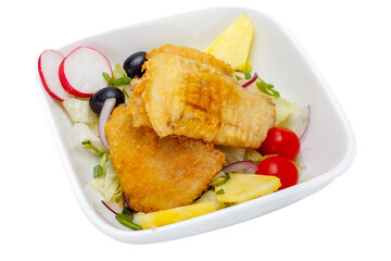 Fried fish with salad in a bowl isolated on a white background