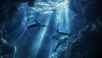 A flock of dolphins underwater amidst the glare of sunlight generated AI