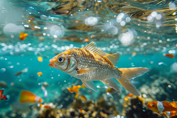 Fish with garbage in the sea