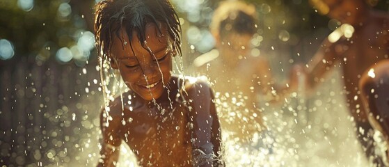 Children playing in a sprinkler, closeup, summer joy, photorealistic, natural light ,3DCG,clean sharp focus
