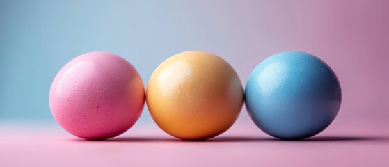 a group of three eggs sitting next to each other on a pink and blue surface with a pink and blue background.