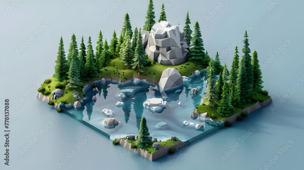 Poster 3d isometric cube lake with forest and rocks